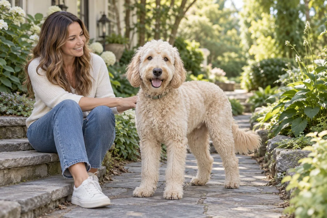 Owner seated on a garden step beside a cream curly-coated dog